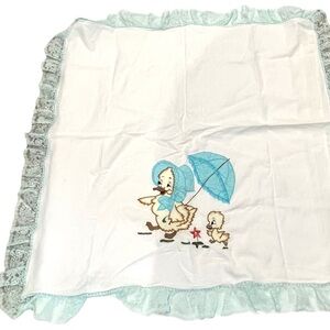Vintage 1950s Animal Print Baby Blanket Newborn Embroidery Lace Blue  39  x 37